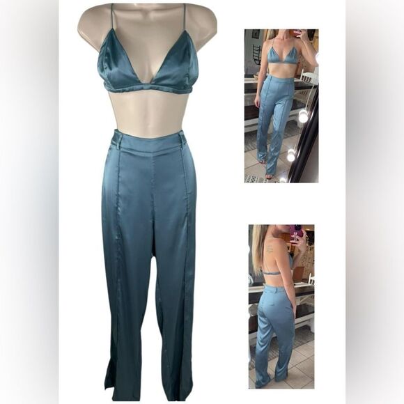 PrettyLittleThing Blue Satin Triangle Bralette & Wide Leg Trouser Set - Picture 2 of 9